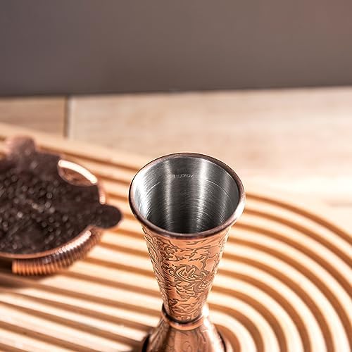 Cocktail-jigger - 3D-gepreegde dubbele drankmaat | Japanse barmaatbeker met schaalverdeling 1 oz/2 oz | Cocktailmaatbeker van antiek koper | Met de hand afwassen