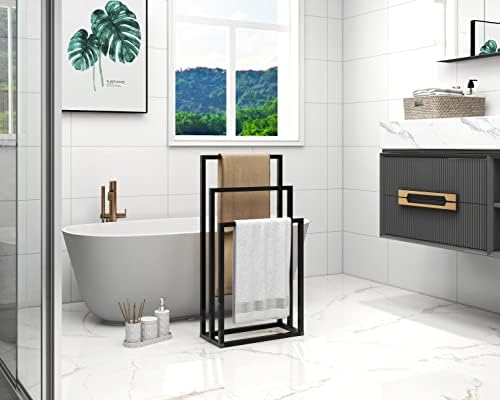 Vrijstaande handdoekhouder, 3-laags organizer voor badkamer en handdoeken, badkameraccessoires, zwart