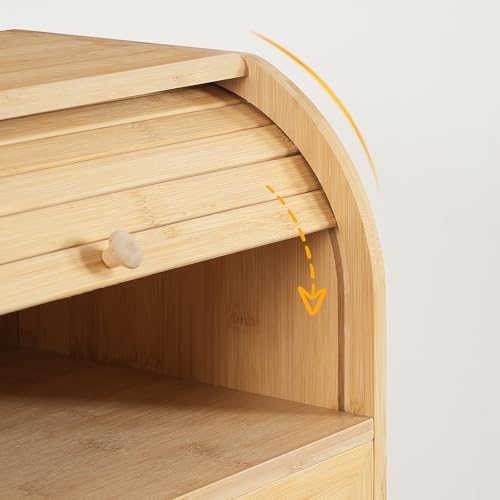 Bamboe broodmand, broodmand met 2 verdiepingen, broodkist, broodbewaarkist met roldeksel en vitrine, broodbak voor broodjes en gebak, voor in de keuken en