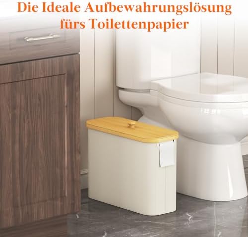 Toiletpapiermand, badkamerorganizer van bamboe, toiletpapierkast voor kleine ruimtes, toiletpapierhouder met deksel, 23 l, crèmekleurig