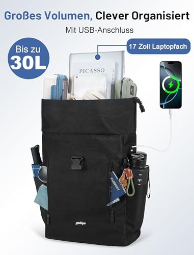 Rugzak voor dames en heren, rolltop-rugzak, waterdichte laptoprugzak, schoolrugzak met 15,6-inch laptopvak, vrijetijdsrugzak, dagrugzak voor de universiteit