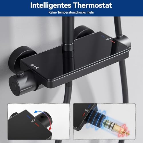 Douchesysteem met thermostaat en glazen plank, douchekraan, complete set met 12-inch regendouchekop, handdouche, 3 straalsoorten, waterbesparend, in