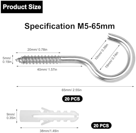 Set van 20 schroefhaken, M5 x 65 mm schroefhaken, roestvrij staal, robuuste plafondhaken, schroefogen, haken om in te schroeven, zelfsnijdende schroefhaken met oog,