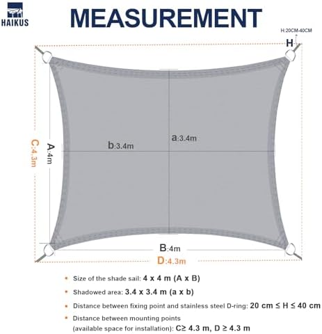 Zonnescherm, waterdicht, rechthoekig, 4 x 4 m, zonwering, waterafstotend, hoogwaardig PES-polyester met UV-bescherming voor balkon, tuin, terras, plein