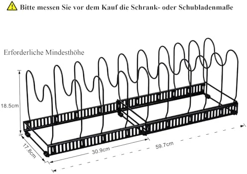 Pannenhouder voor lade, uitbreidbare pannenorganizer, dekselhouder met 10 verstelbare scheidingswanden, perfect voor potten en deksels, zwart