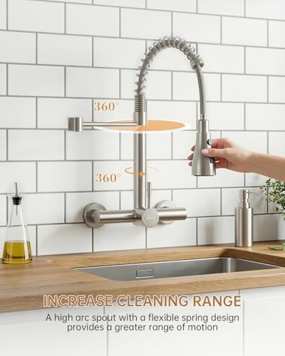 Wandkraan (15 cm gatafstand), uittrekbare uitloop, kraan van geborsteld roestvrij staal voor de keuken, 3 straalsoorten & 360 graden draaibaar, mengkraan
