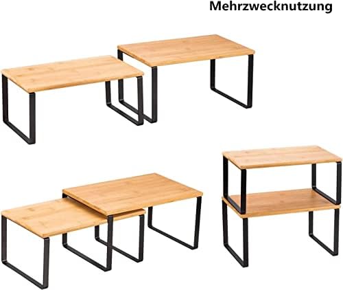 Keukenkast-organizer 4-delige set, keukenrek, keukenorganizer van metaal en bamboe, uitbreidbaar en stapelbaar, kast-organizer, kruidenrek