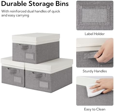 Opbergboxen met deksel, set van 3 voor kasten, grijs, opvouwbare opbergmanden, opbergboxen van stof