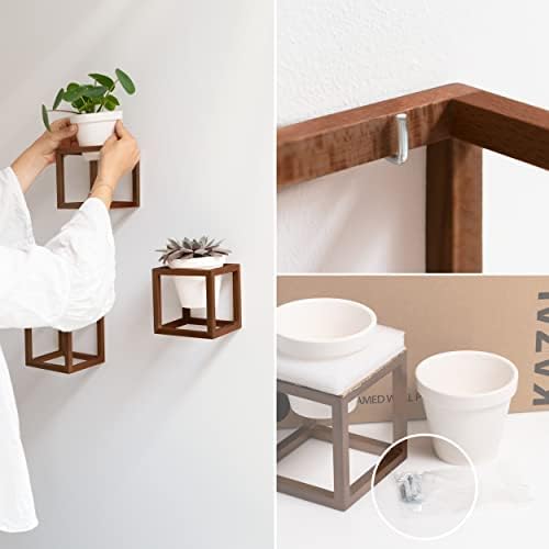 Lille wandvazen, hangende bloempotten in een frame van echt hout, 3-delige plantenpotenset van keramiek en hout voor aan de muur, op tafel en meer, walnootbruin