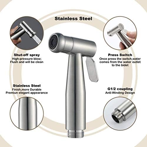 Bidet-handdoucheset, hoogwaardig geborsteld roestvrij staal, 1,5 m slang, G1/2-inch kraan, G3/8-inch toiletadapter, handdouche met bidet-sproeikop,