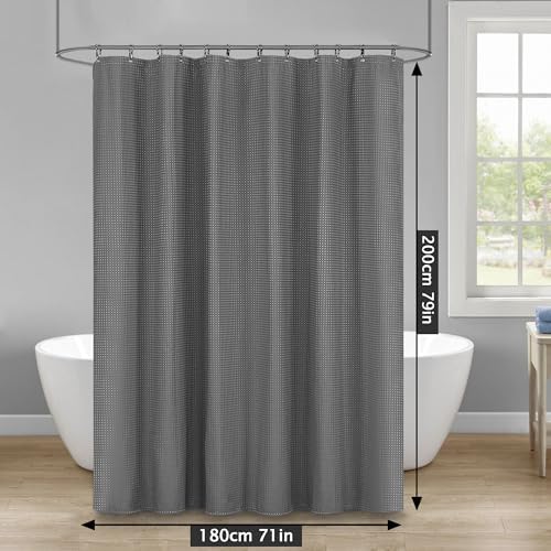 Douchegordijn, wasbaar, textiel, polyesterweefsel, douchegordijn met 12 metalen ringen, waterdicht, voor douche en bad, 180 x 200 cm, wafelpatroon