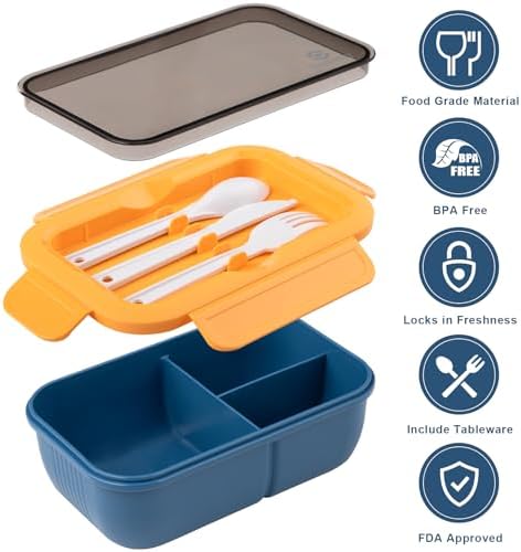 Lunchbox met vakken, lunchbox van 1250 ml, bentobox, lunchbox voor volwassenen met bestek, lunchbox, broodtrommel, lekvrije voedselbox, lunchbox, ontbijtbox