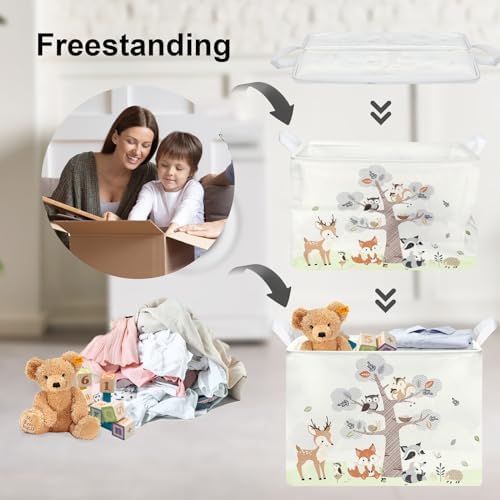 Opbergmand van 36 l met bosdieren (herten, vossen) voor kinderen, met handvat, witte rechthoekige opbergbox voor speelgoed en kleding voor de kinderkamer en badkamer