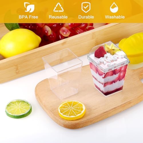 50 stuks herbruikbare dessertglazen met deksel, 160 ml dessertschaaltjes, vierkante dessertbekers met deksel, dessertbekers voor pudding, mousse-party