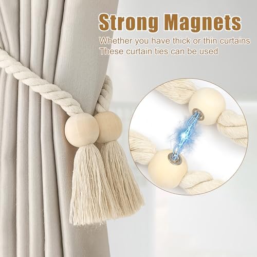 Set van 2 magnetische gordijnhouders, gordijnhouders, houders voor gordijnen, handgeweven gordijnhouders, gordijnkoord, boho-decoratie, natuurlijke kleuren