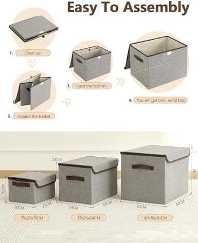 Opbergboxen met deksel, set van 3 opvouwbare stoffen opbergboxen met handige handvatten, 37 x 24 x 24 cm, opbergboxen met deksel voor de slaapkamer, k