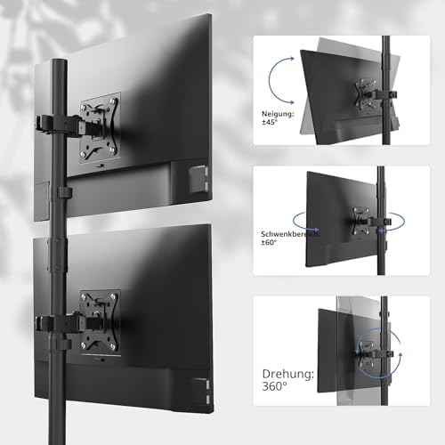 Monitorbeugel voor 2 monitoren, extra hoge stang van 80 cm, verticale stapelbare monitorbeugel voor 17- tot 32-inch monitoren tot 9 kg, dubbele monitorstandaard met zwenk-, kantel- en draaifunctie