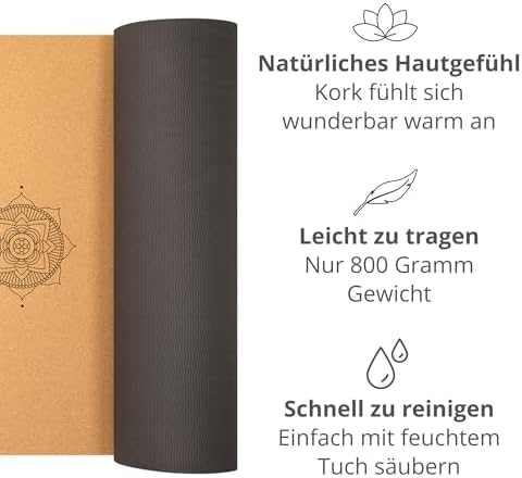 Premium kurken yogamat (4 mm dik) – antislip fitnessmat met hulplijnen – pilatesmat + yogatas