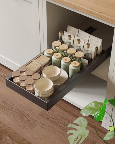 Telescopische lade, uittrekbare lade-organizer, breedte 30,5 cm, instelbare diepte 42–55 cm voor keukenkasten met zelfklevende folie, geen boren nodig, zwart,