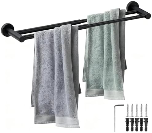 Uitschuifbare handdoekhouder, 43–72 cm, roestvrij staal 304, dubbele stangen, zwart, voor badkamer/keuken/hotel
