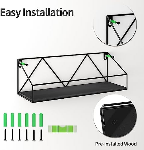 Wandrek-set bestaande uit 5 zwevende planken met klassieke zwarte houten planken en zwart metaal voor keuken, badkamer, woonkamer en kantoor