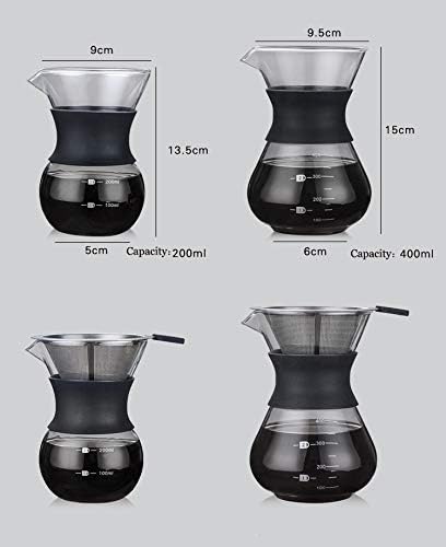 Pour-over-koffiezetapparaat, handkoffiezetapparaat, roestvrijstalen handfilter, glas met permanentfilter (400 ml), zwart