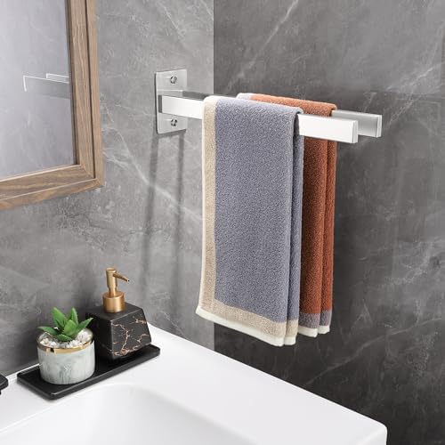 Handdoekhouder, boren, roestvrij staal 304, handdoekstang, dubbele handdoekhouder, rechthoekig, wandhanddoekhouder voor badkamer en keuken, 38 cm, zilver