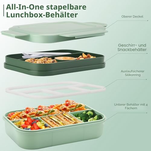 Lunchbox voor volwassenen, 2000 ml lunchbox met vakken, bento-boxen, lunchbox met bestek, lunchbox, lekvrije voedselbox, lunchbox Di