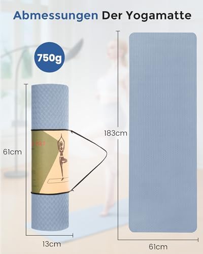 Yogamat antislip fitnessmat milieuvriendelijke TPE-sportmat met draagriem gymnastiekmat voor pilates yoga workout 183 x 61 x 0,6 cm