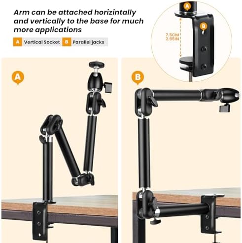 Overhead statief-camera-tafelstatief-klem – Flexibele knikarm voor bevestiging aan een tafel met 3/8-inch schroefdraad en 3/8-inch-naar-1/4-inch schroefadapter voor