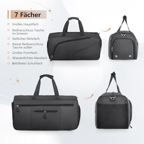 Sporttas met schoenenvak en natvak – Reistas voor dames en heren – Tas voor sport, sportschool & fitness, weekendtas, reizen – Zwart 40 l