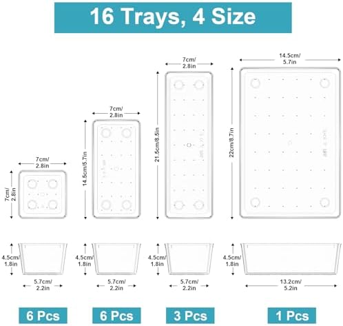 Lade-organizer, set van 16 make-uptafel-organizers in 4 maten, lade-organizer, make-up-organizer, lade-organisationssysteem voor bureau, kantoor, keuken