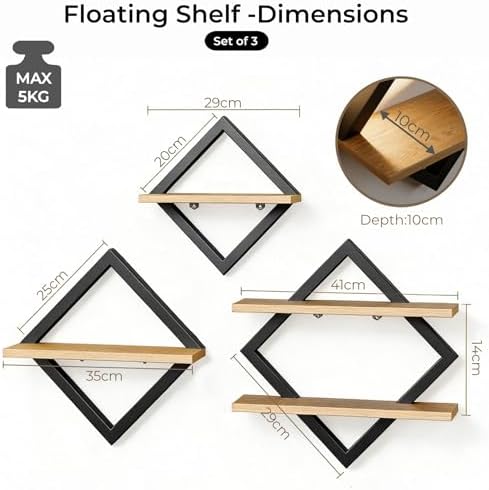 Wandplank 3-delige set, ruitvormige hangplanken, zwevende plank, modern, zwart en hout, 29 cm, 35 cm, 41 cm, voor woonkamer, slaapkamer, keuken, kantoor