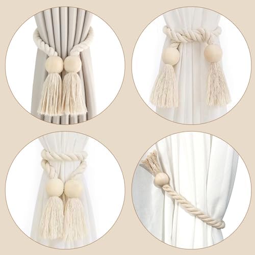 Set van 2 magnetische gordijnhouders, gordijnhouders, houders voor gordijnen, handgeweven gordijnhouders, gordijnkoord, boho-decoratie, natuurlijke kleuren
