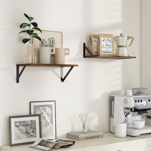 Wandplank 2-delige set, zwevende plank 40 x 20 x 12,3 cm, vintage bruine plank, boekenplank met metalen beugel, wandplank voor woonkamer, badkamer