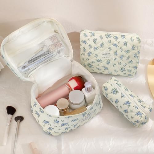Set van 3 toilettassen, toilettas voor dames, met bloemenpatroon, toilettas, draagbare toilettas, toilettas, waszak, groot, voor vrouwen en meisjes, m