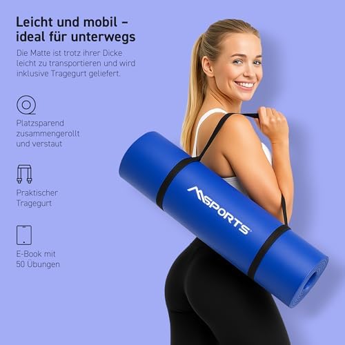 Gymmat Premium I Yogamat antislip en extra dik – incl. draagriem + oefenposter + workout-app I Huidvriendelijke sportmat – 190x60x1,5