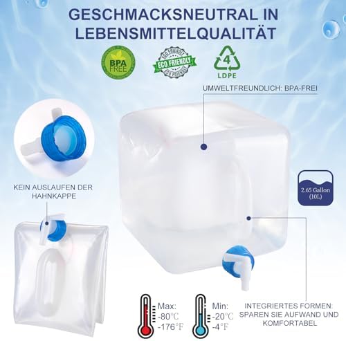 Waterkan, opvouwbaar, 10 l/20 l, waterkan met kraan, waterkan, kamperen, opvouwbare kan, voedselveilig, incl. uitloop
