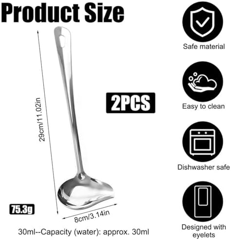 Set van 2 roestvrijstalen sauslepels, 29 cm sauslepel met schuine tuit, sauslepel lengte 29 cm, druppellepel, soeplepelset voor soepen en sauzen,
