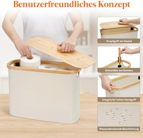 Toiletpapiermand, badkamerorganizer van bamboe, toiletpapierkast voor kleine ruimtes, toiletpapierhouder met deksel, 23 l, crèmekleurig