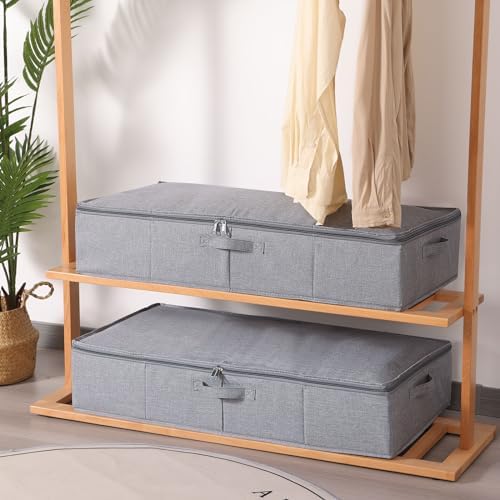 Set van 2 opbergboxen voor onder het bed, opbergbox met deksel, opvouwbare stoffen boxen met verstevigde handgreep en ritssluiting voor dekbedden, dekens, kleding, grijs, 80