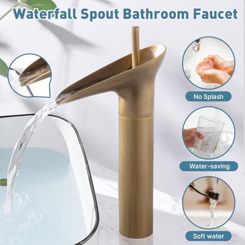 Badkamerkraan, antiek messing, hoge wastafelkraan, retro, eengreeps waterval-wastafelkranen, mengkraan, badkamerkraan, koud en warm water, messing voor de badkamer, 3/8 inch
