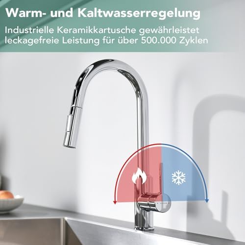 Keukenkraan met uittrekbare sproeikop, uittrekbare kraan, 360 graden draaibaar, twee sproeifuncties, chroom