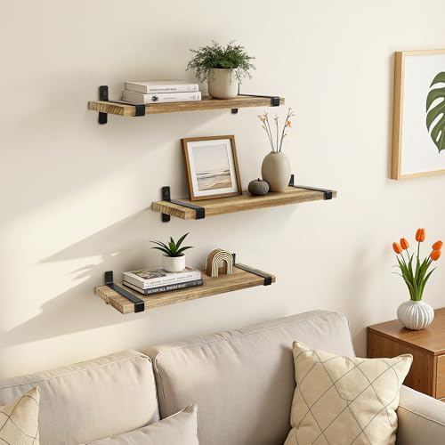 Houten wandplanken, set van 3, kleine wandplanken, zwart metaal, verwijderbare planken, geen boorgaten nodig, massief hout, industrieel, vintage, keuken, woonkamer