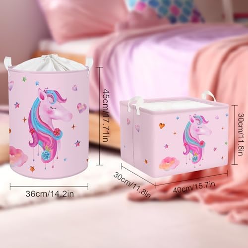 Roze eenhoorn-wasmand voor kinderen met handvat, opvouwbare opbergmand voor kleding en speelgoed, opbergbox voor meisjes, voor babykamer en badkamer, hart, 40 x 30 x 30 cm