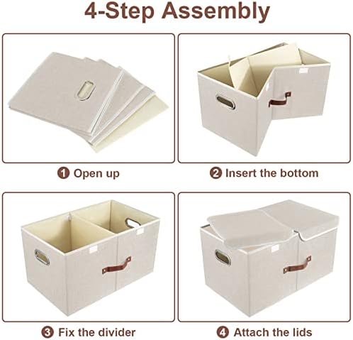 Extra grote opbergbox met deksel en vakken, stof, opvouwbaar, wasbaar, opbergbox met deksel, 55 x 33 x 30 cm, set van 3, beige