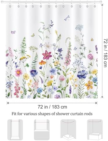 Douchegordijn, lentebloemen, blauw, paars, wilde bloemen, planten, 180 x 180 cm, schimmelbestendig, waterdicht, polyester, wasbaar, badkamergordijn voor de badkamer, met 12 haken
