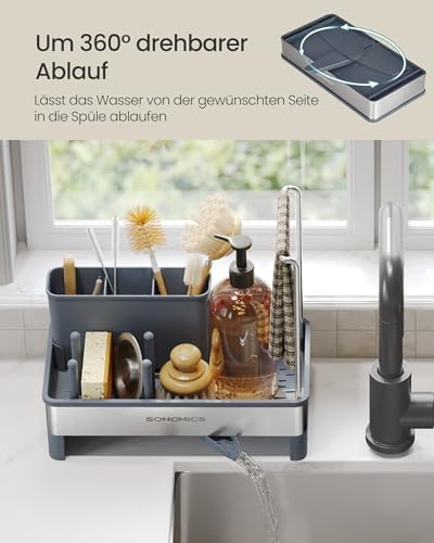 Afwasbak-organizer, keuken-organizer met sponshouder, afwasbak-organizer, voor borstels, afwasmiddel, theedoekhouder, roestvrij staal, ruimtebesparend, draaibaar