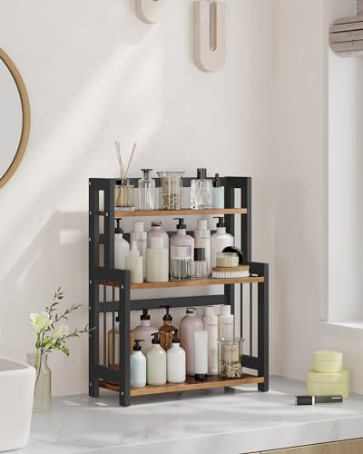 Kruidenrek met 3 niveaus, keukenrek, opbergrek, voor aanrechtblad, bamboe frame, voor keuken, eetkamer, kantoor, vintage bruin-zwart OFS047B0