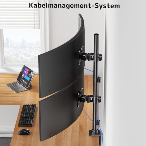 Monitorbeugel voor 2 monitoren boven elkaar, in hoogte verstelbare dubbele armstandaard voor 17–49 inch platte en gebogen schermen, tot 20 kg per arm, VESA 75/100 mm (zwart)